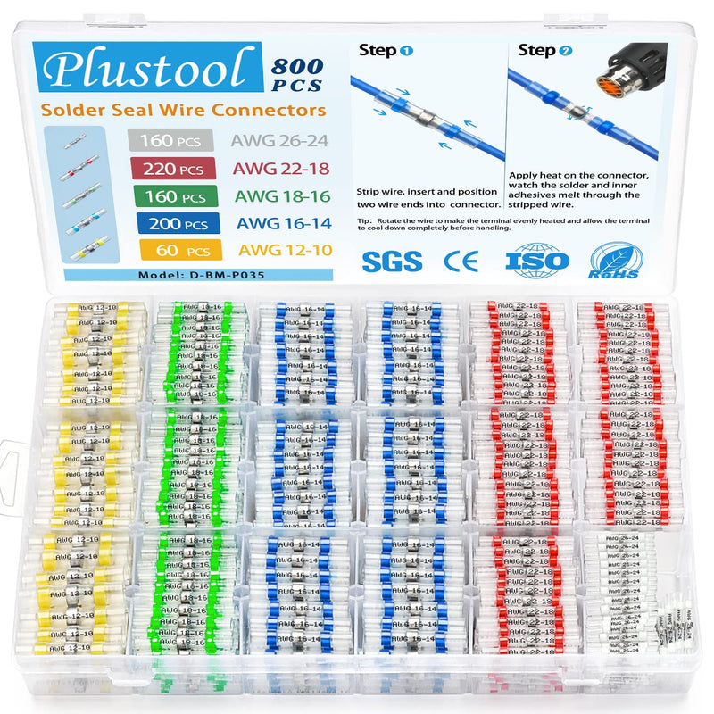 Plustool 800PCS Solder Seal Wire Connectors, Waterproof Insulated Wire Connectors for Marine Automotive Truck 5Colors 800pcs