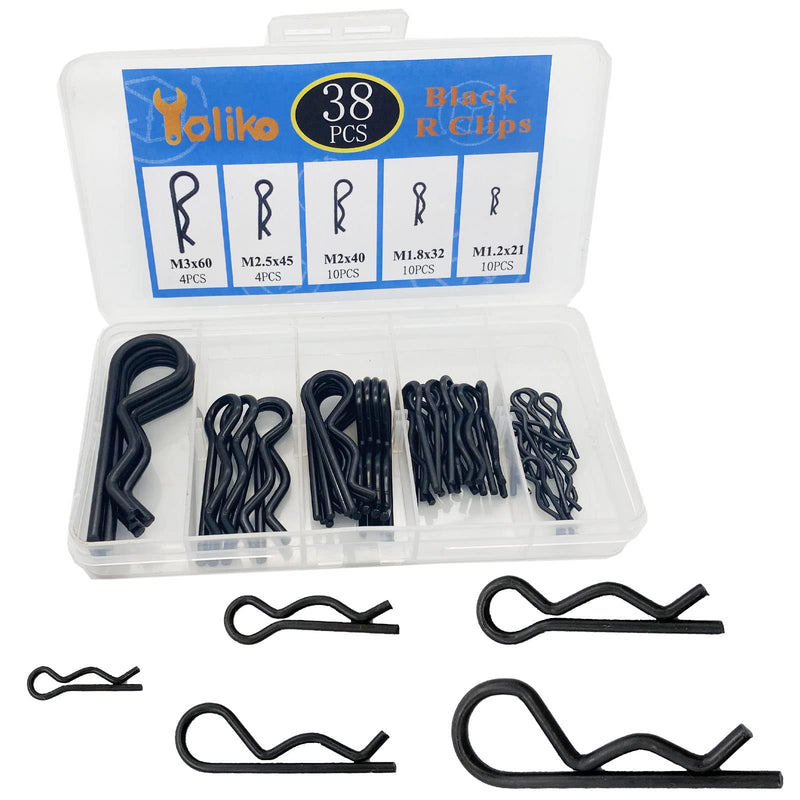 [Australia - AusPower] - 38 Pcs Hitch Pin Clip R Clips Retaining Pins Tractor Cotter Pin Hair Pin Assortment Iron Black Zinc-plated Spring Clip Retainer Pins keeper Pins Kit for Dolly Pins/Trailer Pin Clips Replacement Black 38 pcs in 5 size 