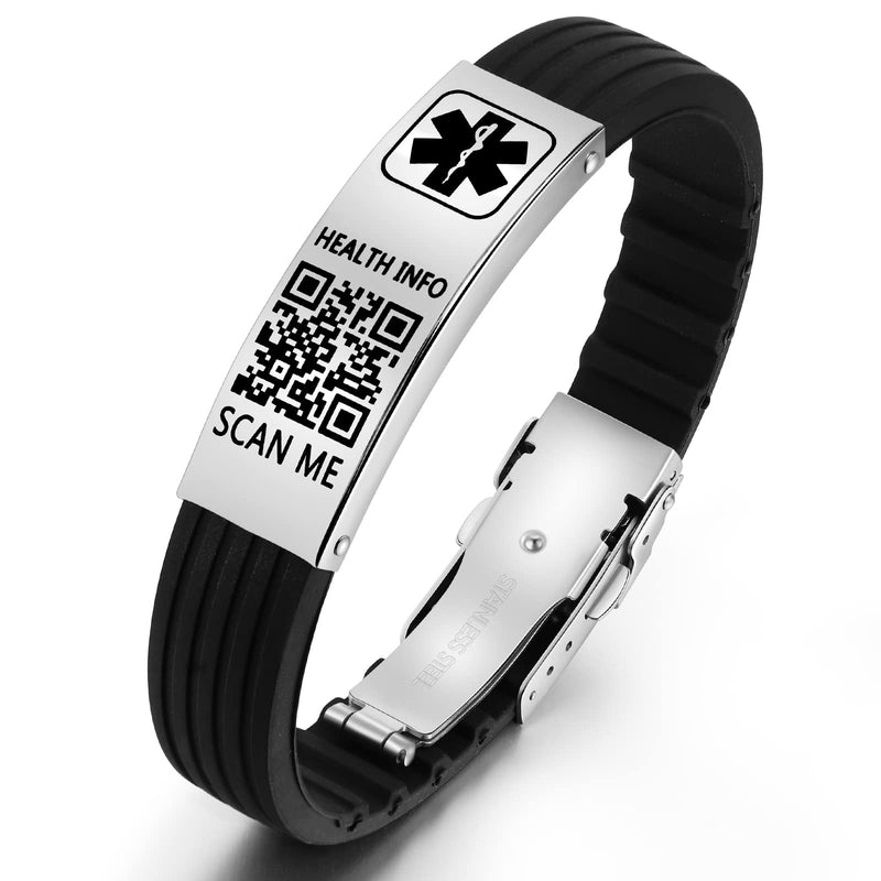 [Australia - AusPower] - Medical Bracelets for Men Women with QR Code Medical Alert ID Bracelets Sport Boy Girl - Silicone Waterproof Wristband Fits Wrists Up to 9 inches - More Space Custom Emergency Medical ID Alert Information 8.82'' Butterfly Clasp - Plus Black+Silver 