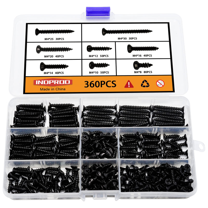 [Australia - AusPower] - M4 Flat Head Self Tapping Wood Screws Assortment Fasteners Kit 360Pcs,Phillips Drive Countersunk Head Self-Tapping Screws,Carbon Steel M4 carbon steel-flat head 360 