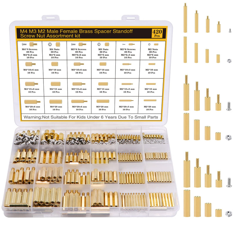 420Pcs M2 M3 M4 Motherboard Standoffs&Screws&Nuts Kit, Hex Male-Female Brass Spacer Standoffs, Laptop Screws for DIY Computer Build, Electronic Projects, Raspberry Pi, Circuit Board etc.