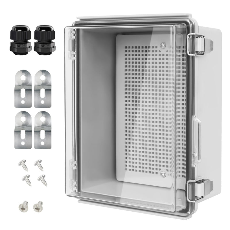 LeMotech Electrical Box, IP67 Waterproof Hinged Clear Cover Stainless Steel Latch Junction Box, ABS Plastic Electrical Enclosure with Mounting Plate,Wall Brackets, Cable Glands,8.7"x6.7"x4.3",Grey 8.7"x6.7"x4.3"