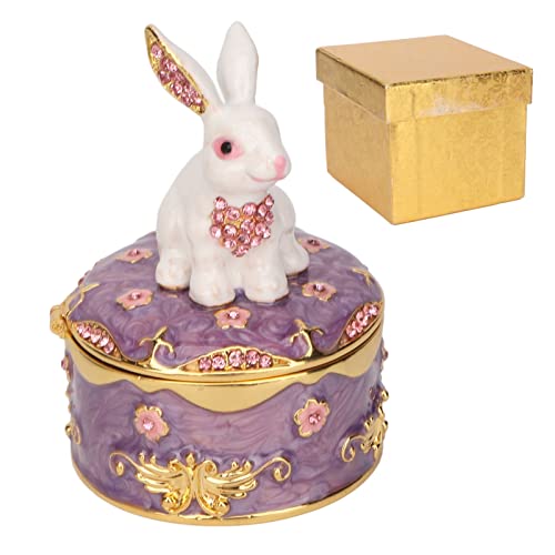 Hand Painted Enamel Rabbit Trinket Box, Hinged Jewelry Organizer for Mini Ring Earrings Storage, Personalized Elegant Handmade Ornament, Home Decor Figurine Keepsake Collectible