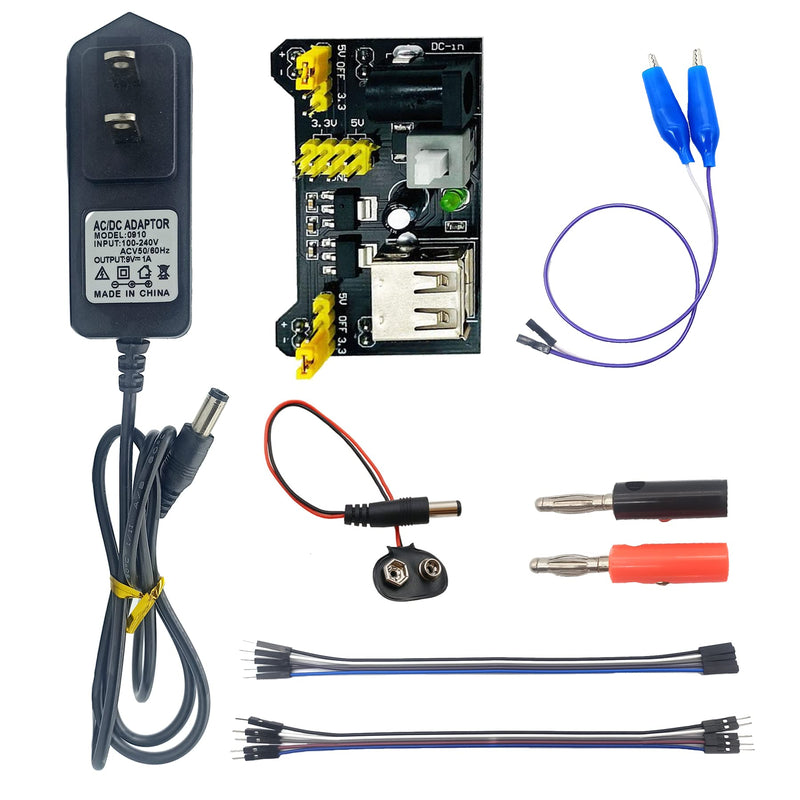 [Australia - AusPower] - arduino Power Supply Breadboard 3.3V 5V Power Supply Module+Minidodoca 9V 1A Adaptor 5.5 x 2.5mm+Alligator Clip Test Leads+Banana Plug Kit for Arduino UNO, Raspberry Pi, STM32 Electronic DIY etc Power Supply Module kit 