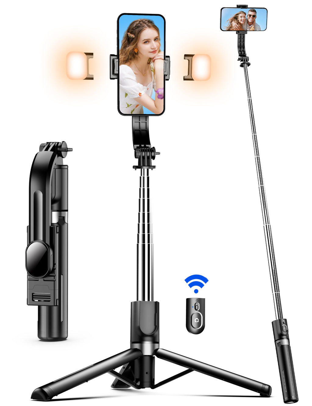 [Australia - AusPower] - 45" Selfie Stick Tripod with 2 Lights, Extendable 5 in 1 Selfie Stick Phone Tripod, Portable Selfie Sticks with Wireless Remote Compatible with iPhone 15/14/13 Pro Max, Samsung, Android, Gopro Black(with 2 Light) 