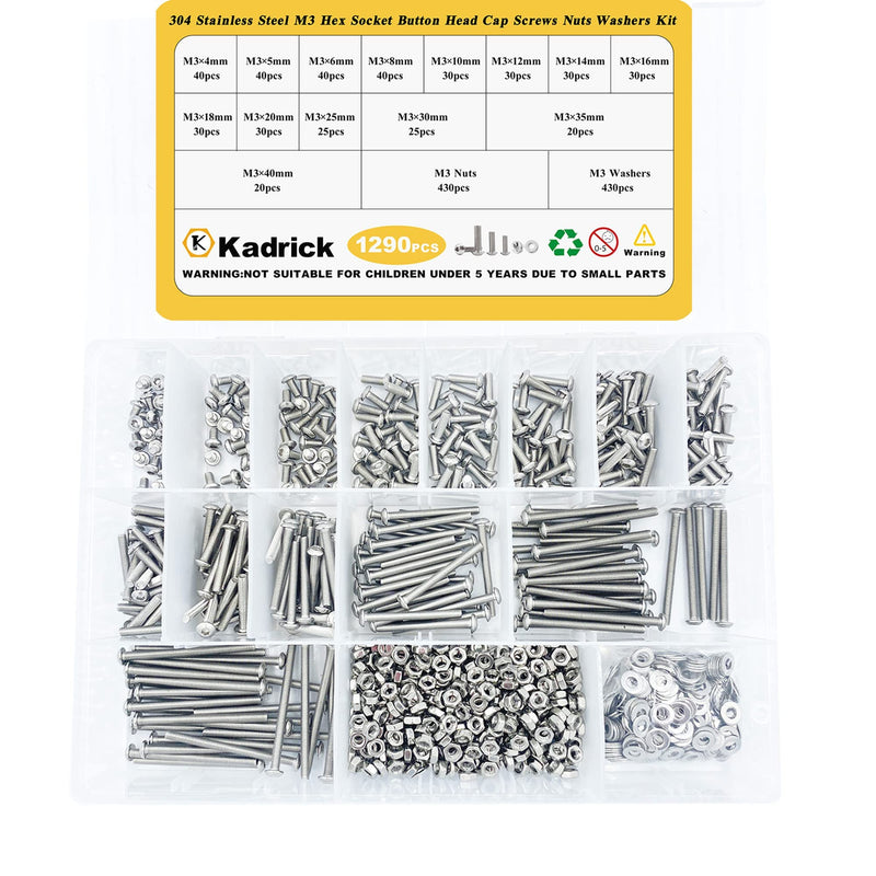 [Australia - AusPower] - Kadrick 1290 Pcs M3 Metric Screw Aassortment,4mm-40mm Commonly Used 304 Stainless Steel Button Head Hex Socket Cap Bolts Nuts Washers Kit with Hex Wrench 1290Pcs SS 