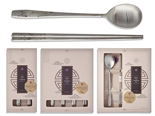 [2 Sets] [Made in Korea] Orchid Design Korean Style Sticky Rice Spoon Chopsticks Set 304 Stainless Steel Soup Spoon Ramen Chopsticks Flatware (2 Sets) 2