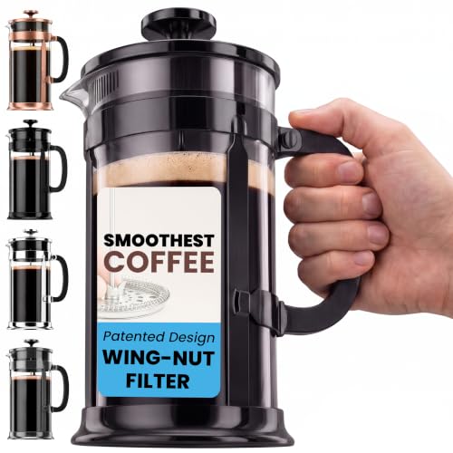 EzDtach French Press Coffee Maker 34oz Black – Borosilicate Glass Pot