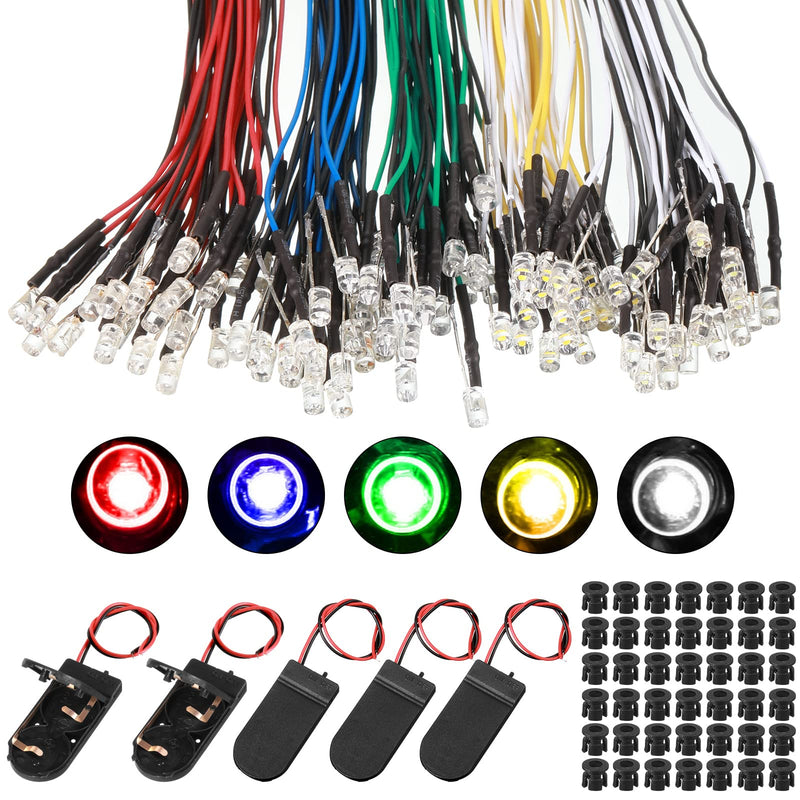 [Australia - AusPower] - Riakrum 220 Pcs 12V LED Lights Kit, 100 Pcs Emitting Diodes Pre Wired LED Lights Diodes Individual LED Lights with 100 Pcs Plastic LED Holders 20 Pcs Battery Holders (Multicolored,3 mm) 3 mm Multicolored 