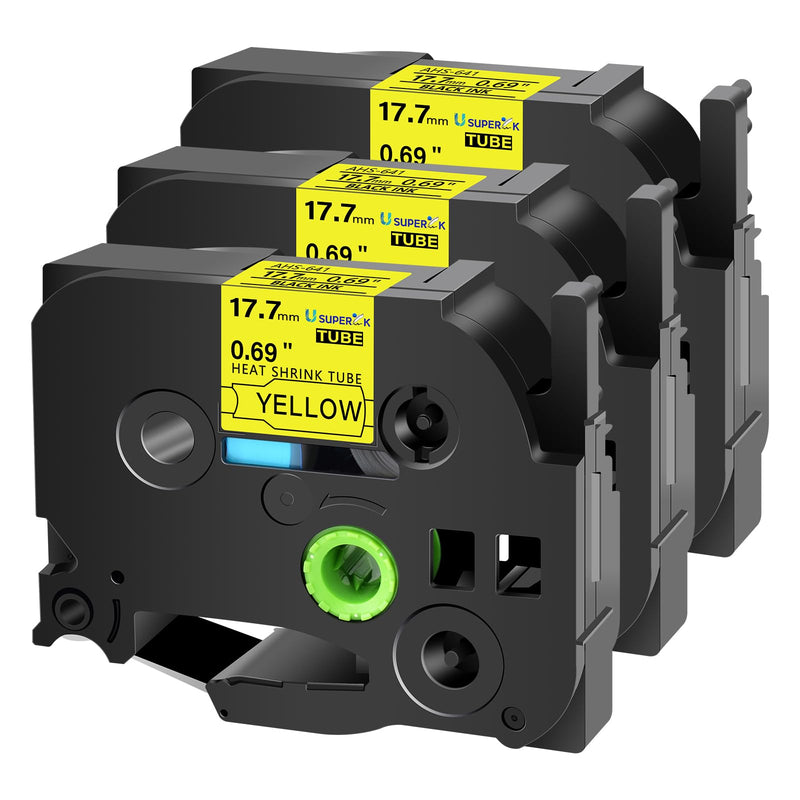 USUPERINK 3 Pack Compatible for Brother Ptouch HSe-641 HSe641 HS-641 HS641 17.7mm Black on Yellow Heat Shrink Tube Tape use in PT-D400 PT-D600 PT-E300 PT-E500 P710BT Label Maker (0.69''x 4.92ft)