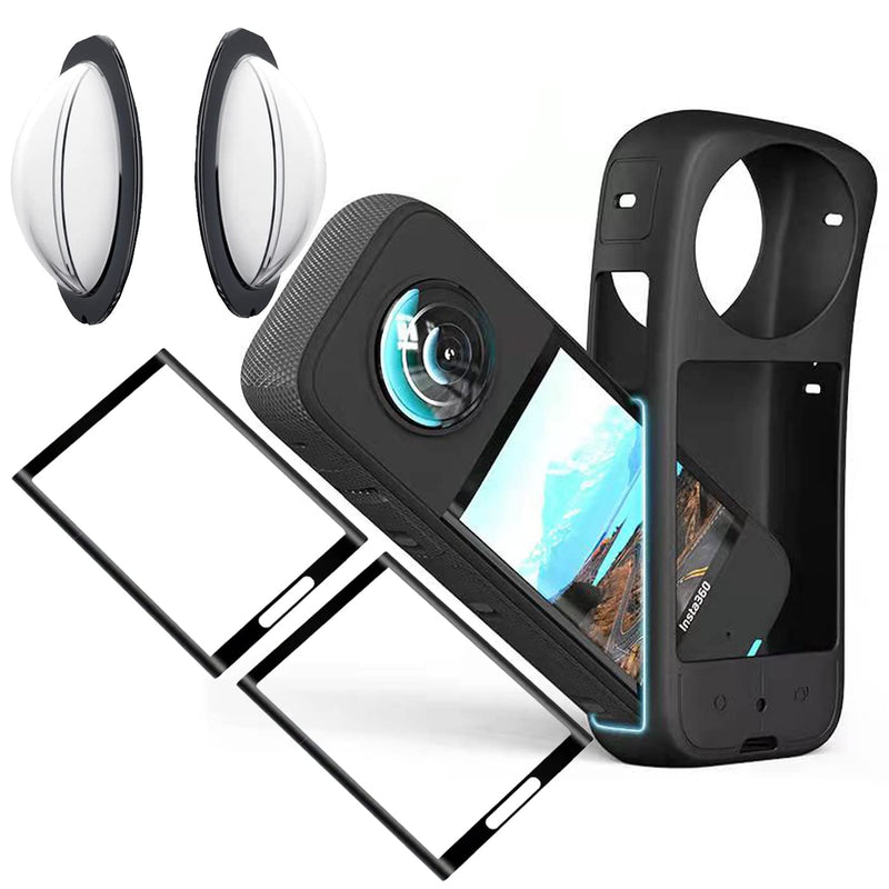 [Australia - AusPower] - Sticky Lens Guard Set Silicone Case Screen Protector for Insta360 X3 X 3 Accessories Kit Anti-scratch Tempered Glass Protective Film Soft Bag Sleeve Cover 