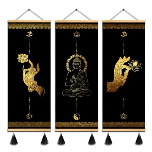 MBOUFOEY 3Pcs Buddhism Zen Art Buddha Hand Gestures Gold Black Canvas Wall Art Yoga Print Poster Wood Scroll Frame with Tassel Painting Home Decor Artwork Ready To Hang (40x105cm 3pcs) 40x105cm 3pcs