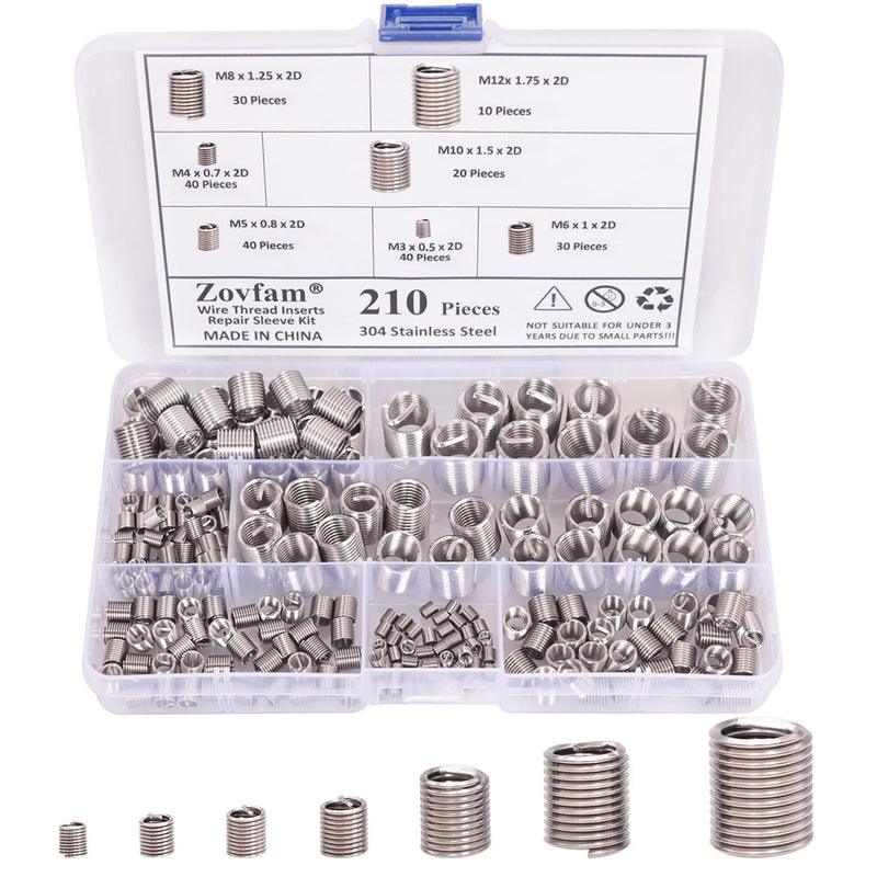 [Australia - AusPower] - Wire Screw Sleeve Thread Repair Inserts Assortment Kit 304 Stainless Steel Metric M3 M4 M5 M6 M8 M10 M12 Wire Thread Inserts Helicoil Thread Repair Kit 210Pcs 