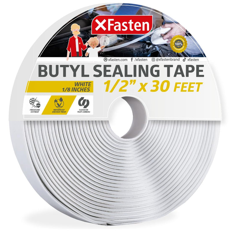 XFasten White Butyl Tape RV Tape 1/2 x 30 1/8 Butyl Marine Sealant Tape | Premium Window Glazing Putty Tape | Automotive Butyl Tape Window Sealant | EPDM Pool and RV Putty Tape | Butyl Rope Caulk 1/2" x 3/4" x 30', Single Pack