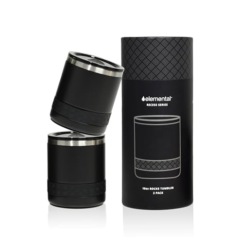 Elemental Recess Lowball Tumbler Set of 2, 10oz Triple Wall Stainless Steel Cup with Non-Shattered Tritan Lid, Insulated Whiskey Glass, Insulated Coffee Tumbler Mug for Hot & Cold Drinks - Black 10 Ounces Black(Pack of 2)