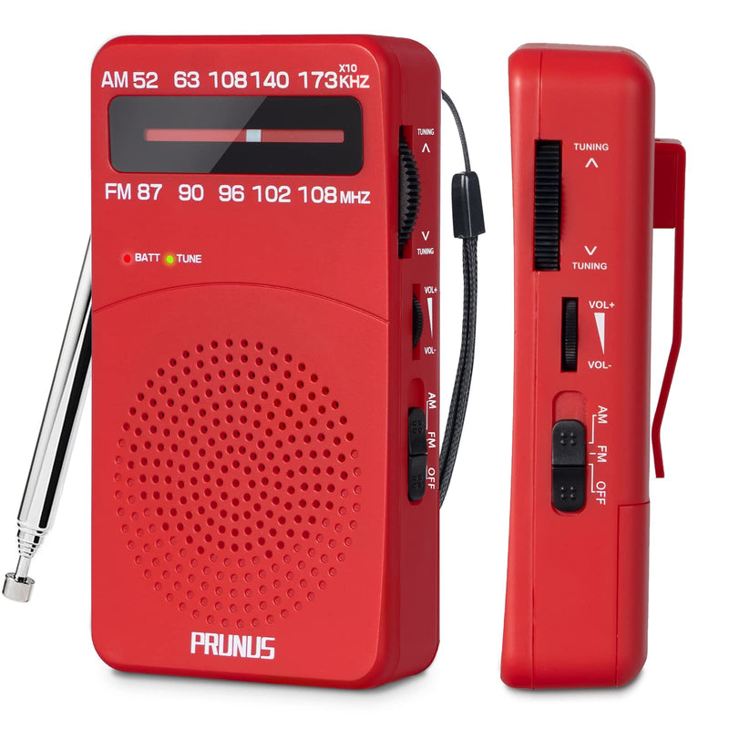 [Australia - AusPower] - PRUNUS J-166 Small Transistor Radio AM FM, Battery Operated Radio with Tuning Light, Back Clip, Excellent Reception for Indoor & Outdoor & Emergency Radio, Small Radio, Portable Radio Red 