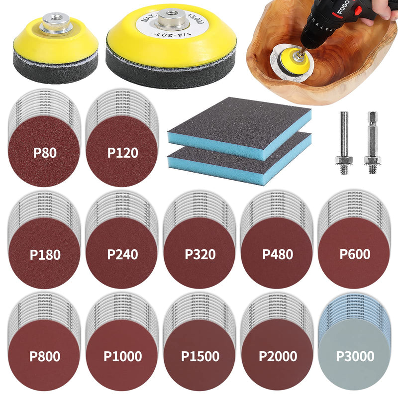 [Australia - AusPower] - 120pcs 3inch Sanding Discs with 2 & 3inch Backer Pads and Sanding Sponge Sander for Drill Grinder Rotary Tools Attachment with 1/4" Shanks, Sanding Pads 80-3000 Grit 
