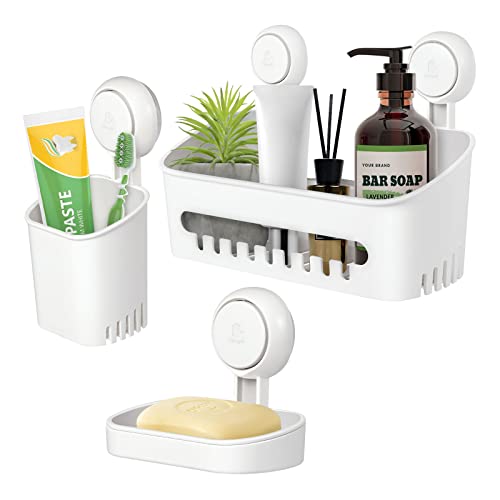 Uten Bathroom Suction Cup Shower Shelf 3-in-1 Wall Mounted Shower Basket Toothbrush Holder No Drill Hanging Rack Removable Shower Caddy Toilet Storage Rack Organizer