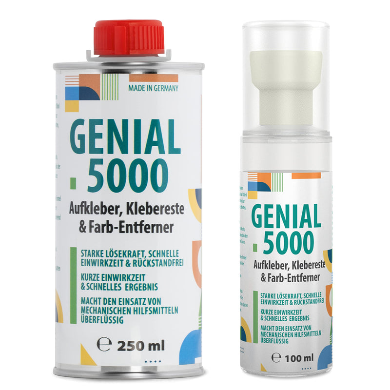 Genial 5000 Professional Adhesive Remover 250 ml with Empty 100 ml Foam Bottle Effective Label Remover for Stubborn Stains and Glue, Ideal for Home, Office and Workshop