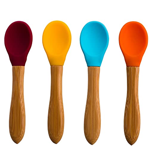 Bamboo Baby Spoons 4 PACK - Toddler Weaning Spoon - Bamboo Handle Silicone Soft Tip Spoon 5.5” Toddlers Weaning Baby Food Utensil - Mom Baby Travel Spoonset 4 Pack [MULTICOLOR]