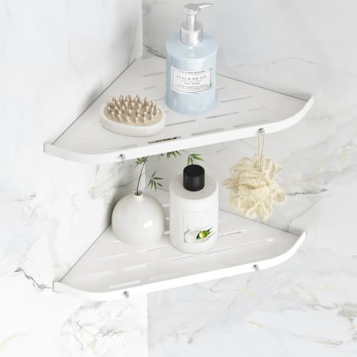 Qeke Corner Shower Shelf, 9" Corner Shower Caddy, SUS304 Stainless Steel Shower Organizer Wall Mount Corner Shelf with 2 Hooks for Bathroom, Dorm and Kitchen, Matte White (2 Pack)