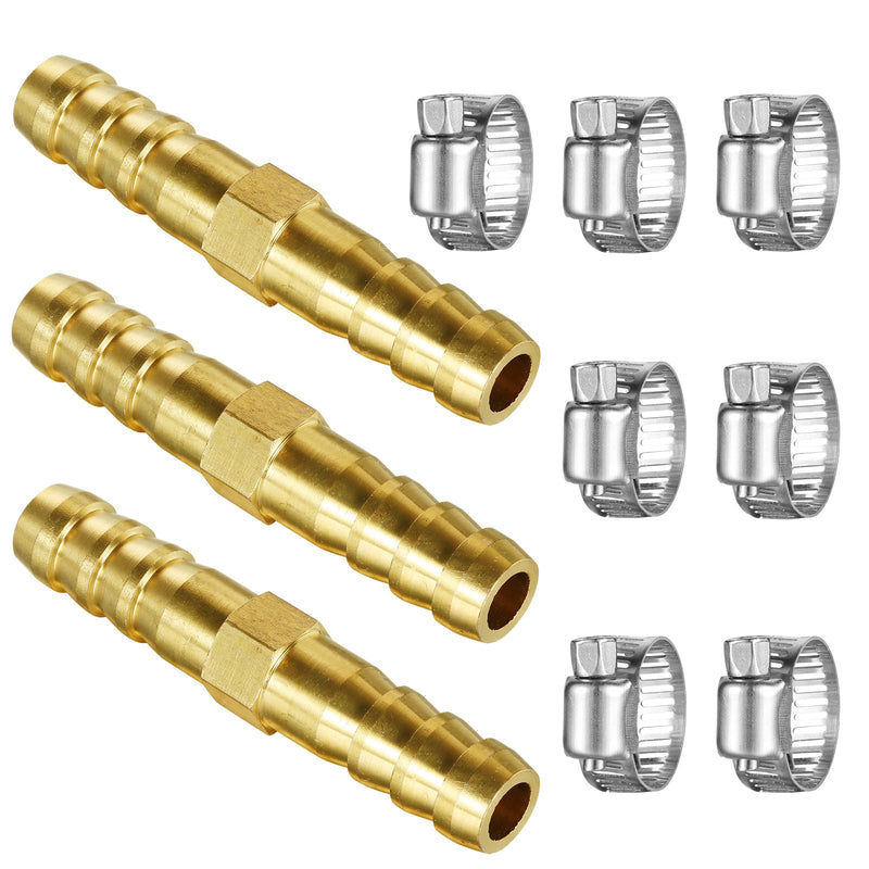 [Australia - AusPower] - 3 PCS Solid Brass 3/8"×3/8"(10mm) Barbed Hose Fittings with 7 PCS Pipe Clamps, Hose Repair Kit,For Water/Air/Oil/Gas/Fuel, 2-way(straight) 3/8" - I shape (3PCS) 