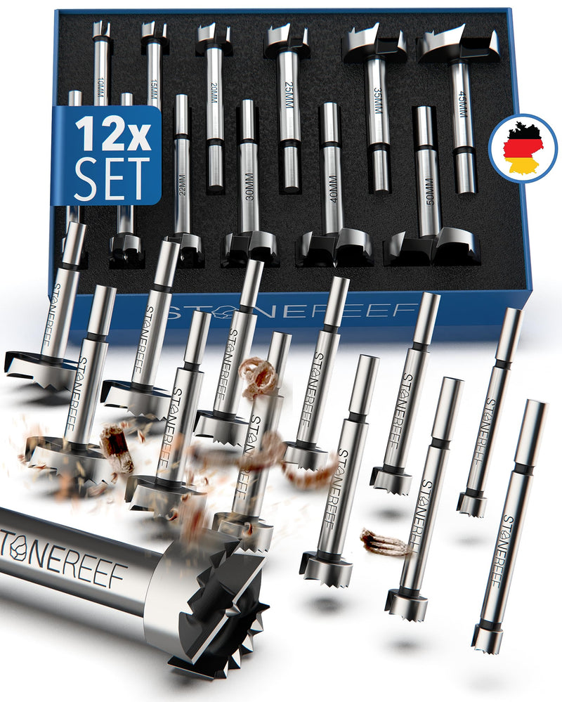 Forstner Drill Bit Set 12 Pieces 10-50 mm Wood | 12 diameters from 10 to 50 mm in a box - from dowel hole to pot band 12-piece Forstner drill bit