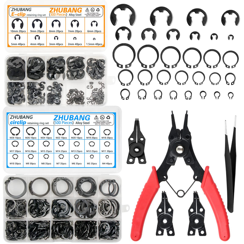 [Australia - AusPower] - 800Pcs C-clip External Retaining Rings Snap Rings Assortment Kit Circlip Alloy Steel(M4-M28) + E-clip Retaining Rings Assortment Set(1.5mm-10mm) + 5Pcs Snap Ring Plier + Tweezer Alloy Steel 500Pcs C-Clip 