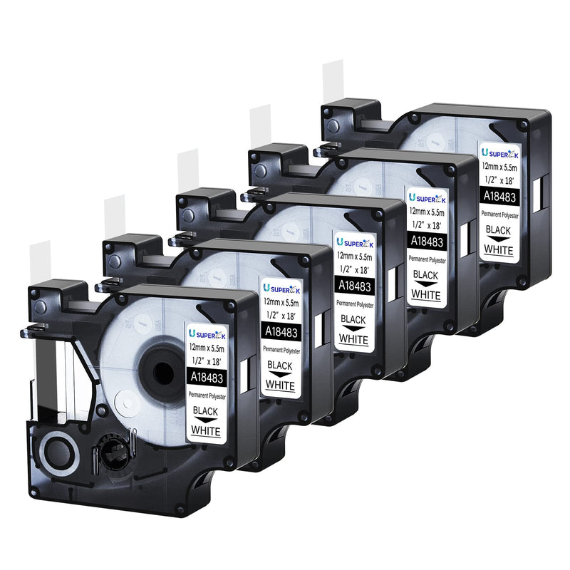 [Australia - AusPower] - USUPERINK 5PK 1/2" Rhino Industrial Permanent Polyester Compatible for Dymo Rhino 4200 5200 18483 Label Tape Black on White 1/2" x 18' for Rhino 5000 6000 3M PL300 Industrial Label Makers 12mm 5 Pack 