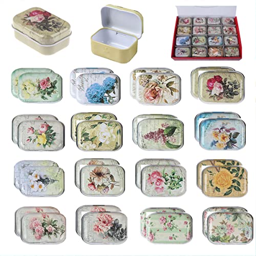 32Pcs Mini Flower Tin Trinket Jewelry Organizer Box Tinplate Storage Case with Lid Small Rectangular Bead Container for Storage of Small Items, Crafts, Christmas stocking stuffers(flower) Floral