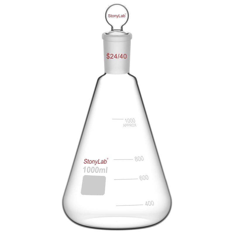 stonylab Glass 24/40 Erlenmeyer Flask with Stopper, 1000 ml Borosilicate Glass Heavy Wall Flask with 24/40 Standard Taper Outer Joint and Glass Stopper