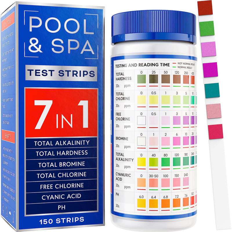 [Australia - AusPower] - All-New Pool and Spa Test Strips 7 in 1 Quick SuperAccurate Swimming 150 Pool Test Kit - Hot Tub Test Strips & Pool Water Testing Strips for pH Chlorine Bromine Hardness Alkalinity Cyanuric Acid PoolTestKit-7in1 