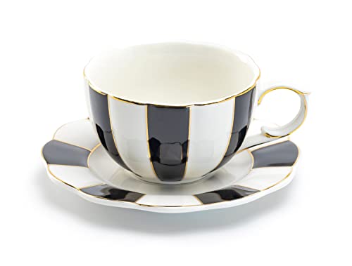 Grace Teaware Black and White Scallop Fine Porcelain Tea Cup and Saucer with Gold Trim