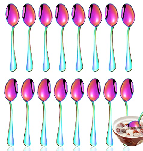 Rainbow Spoons,Set of 16 Top Food Grade Stainless Steel Spoons Silverware, Big Tea Spoons,6.7 Inches,Mirror Finish & Dishwasher Safe,New Apartment Essentials Flatware Rainbow 16pcs