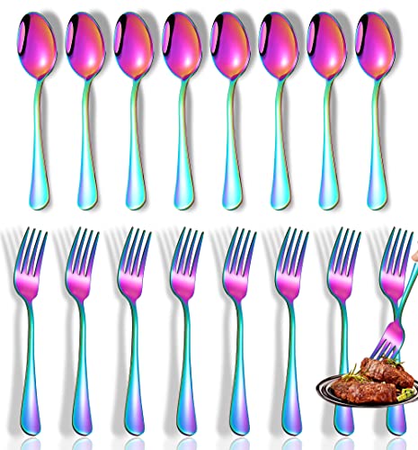 Rainbow Spoons and Forks Set, Set of 16 Top Food Grade Stainless Steel Forks and Spoons Silverware Set, Kitchen Accessories Forks (8 Inch) and Spoons (6.69 Inch) Cutlery Set, Mirror Finish Rainbow