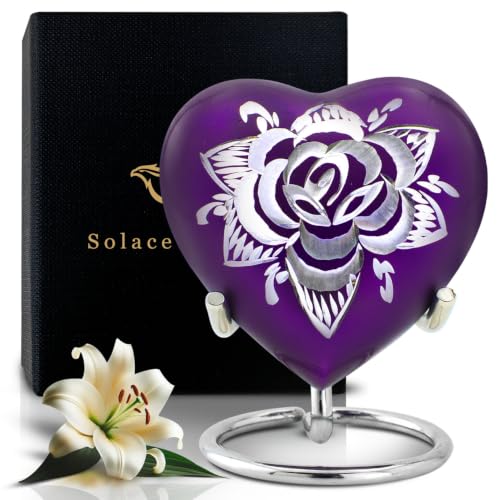 Rose Heart Shaped Keepsake Urn for Human Ashes - Mini Memorial Urn with Display Stand, Velvet Bag & Premium Gift Box - Engraved Metal Urn for Baby, Boy, Girl, Parents, Loved Ones (Purple, Small) Purple