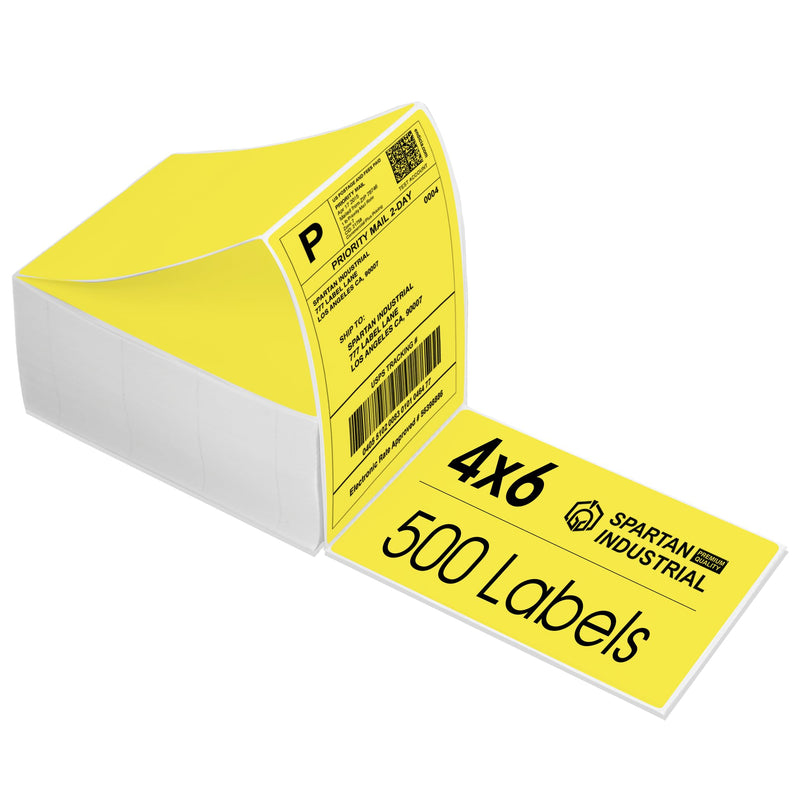Spartan Industrial - 4" X 6" Yellow Direct Thermal Fanfold Labels (500 Count, 1 Stack) - Printable Postage Shipping Labels, Package Identification - Compatible with Zebra and Rollo Printers