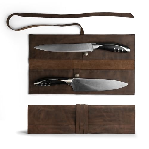 Double Knife Roll for Chefs and Cooks, Vertical Case for Knives, Culinary Accessories, Carry-On Bag for Traveling, Full Grain Leather, Handmade, Bourbon Brown