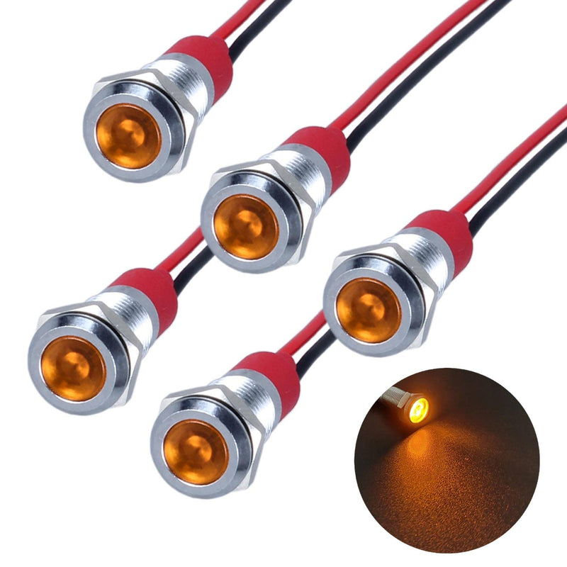 [Australia - AusPower] - 5Pcs 12V-24V Energy Saving LED Indicator Light Mounting Hole 8mm (1/3") 20mA Waterproof Wide Flat head Signal Lamp Pilot Dash Directional with Wire ?Yellow LED? Yellow 