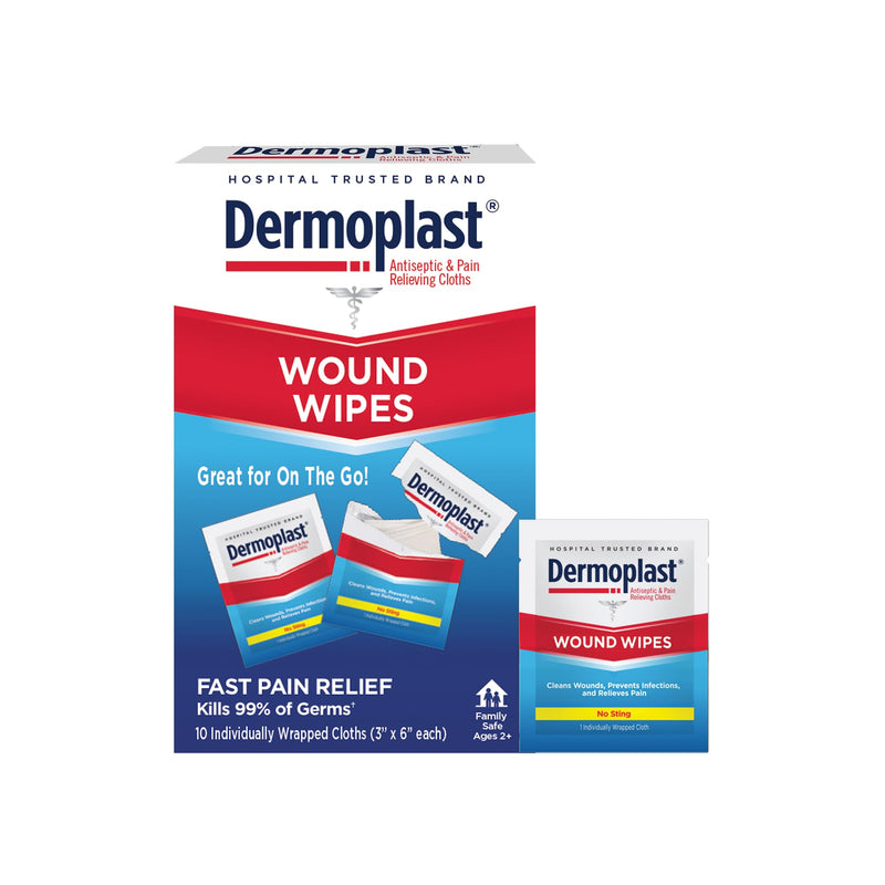 [Australia - AusPower] - Dermoplast Wound Wipes Medicated First Aid Cloths, Analgesic & Antiseptic Wipes for Treating Minor Cuts, Scrapes and Burns on The Go, Sting Free Formula, 10 Individual Cloths (Packaging May Vary) 3-in-1 First Aid Cloths 