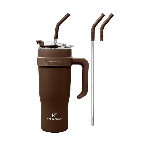 HYDRAFLOW Capri - 40oz Tumbler with Straw and Handle - Triple Wall Vacuum Insulated Tumbler - Insulated Smoothie Cup - Stainless Steel Tumbler - Reusable Tumbler with Lid - Cocoa 40 Ounces