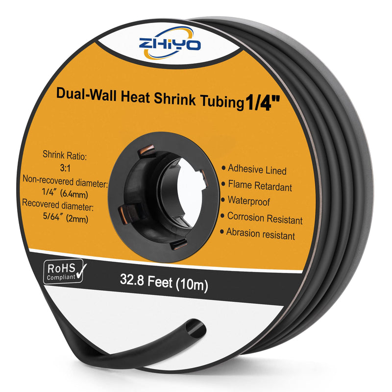 [Australia - AusPower] - 1/4" Heat Shrink Tubing, 32.8 Ft 3:1 Dual Wall Adhesive Lined Heat Shrink Tube, Marine Grade Waterproof Shrink Wrap Tubing, Electrical Industrial Automotive Sealing Shrink Tube for Wire Insulation 1/4" - 32.8FT Black 
