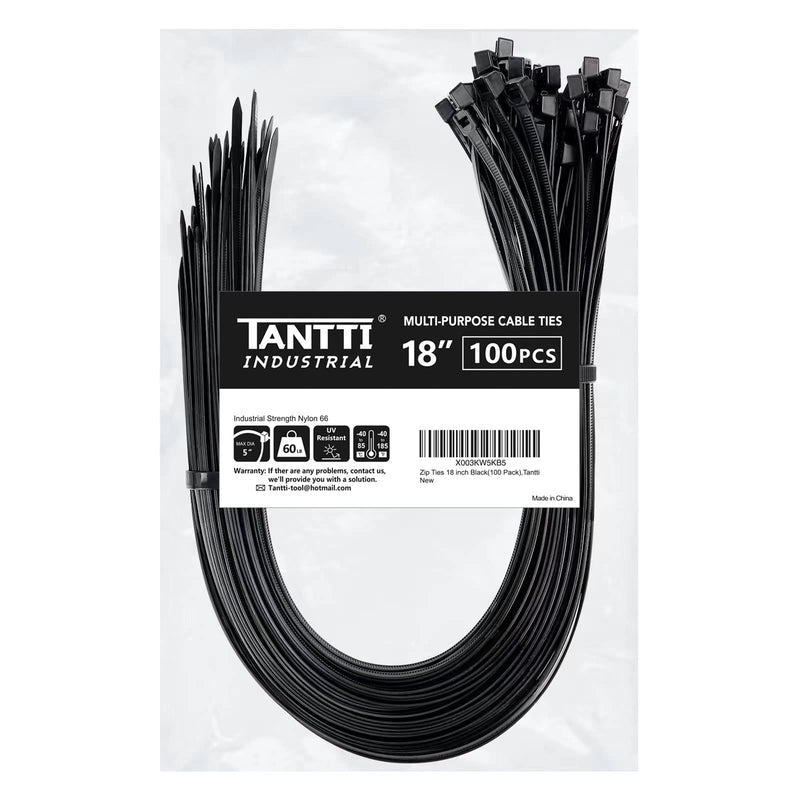 [Australia - AusPower] - Zip Ties 18 inch (100 Pack), Black, 60lb Tensile Strength, UV Resistant Cable Ties for indoor and outdoor use, by Tantti Supply 18" (100 Pack) 