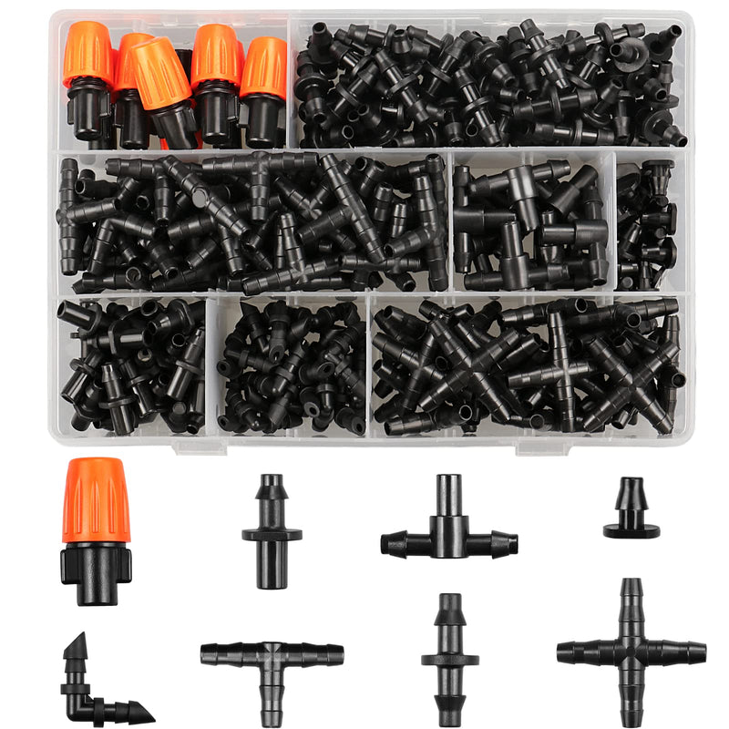 [Australia - AusPower] - Drip Irrigation Fittings Kit for 1/4 Inch Tubing, 260 Pcs 1/4" Drip Line Barbed Connectors - 85 Couplings, 55 Tees, 10 Nozzles, 10 Nozzle Tees, 25 Single barbs, 25 Elbows, 25 Plugs, 25 Crosses 4/7mm Drip Fittings Set-260P 