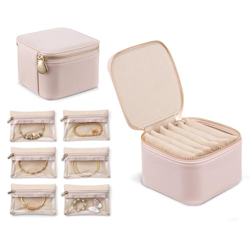 Vlando Travel Jewelry Box Organizer with 6 Zippered Pouches, Rosy Mauve Small - 6 Pouches