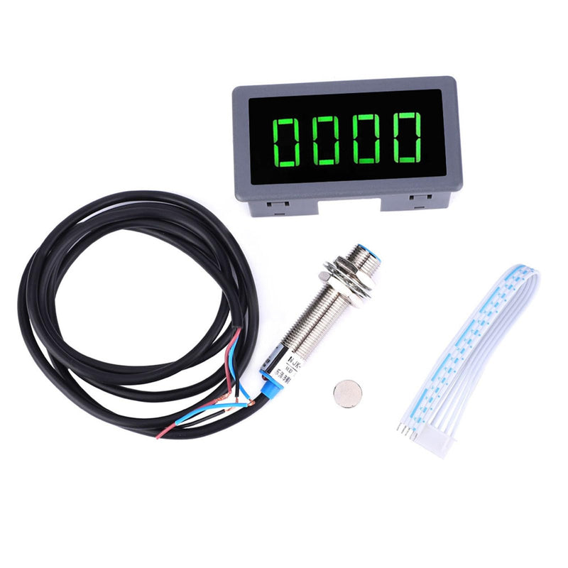 Motor LED Speedometer, DC 8-24V 40mA 10-9999RPM 4 Digital LED Tachometer with Hall Proximity Switch Sensor NPN Green for Industry