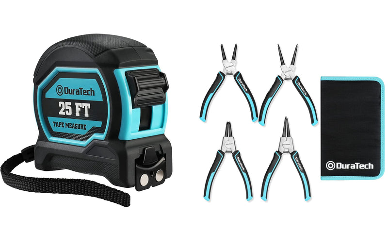[Australia - AusPower] - DURATECH Magnetic Tape Measure 25FT with DuraTech 4 PCS Snap Ring Pliers Set, Retractable Measuring Tape, Easy to Read Both Side Measurement Tape, 7 Inch Heavy Duty Internal & External Circlip Pliers 