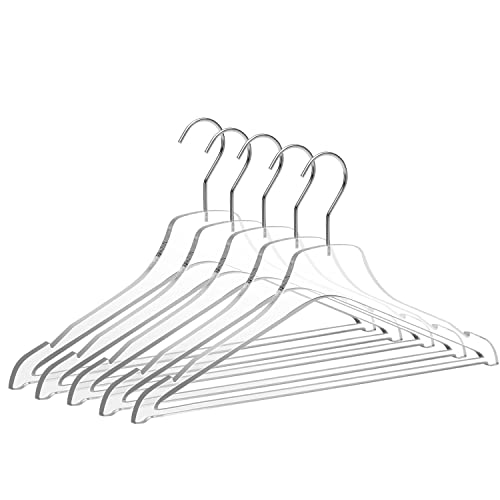 Quality Acrylic Clear Lucite Hangers 5-Pack with Bar Chrome Hooks for Clothes, Pants, Suit Jackets, Coats, and Shirts, Closet and Wardrobe Organization (Chrome/Gloss Silver Hook, 5) Chrome/Gloss Silver Hook