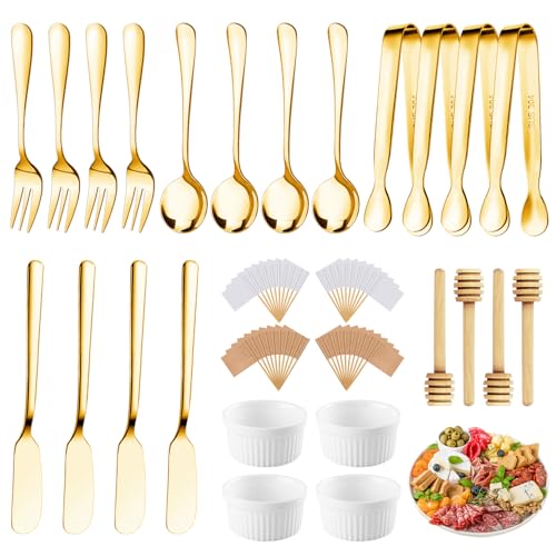 Charcuterie Boards Accessories 64Pcs Cheese Butter Spreader Knives Set Charcuterie Utensils Mini Serving Spoons and Forks Small Serving Tongs Sauce Cups Honey Dippers Toothpick Flags for Pastry Making Gold