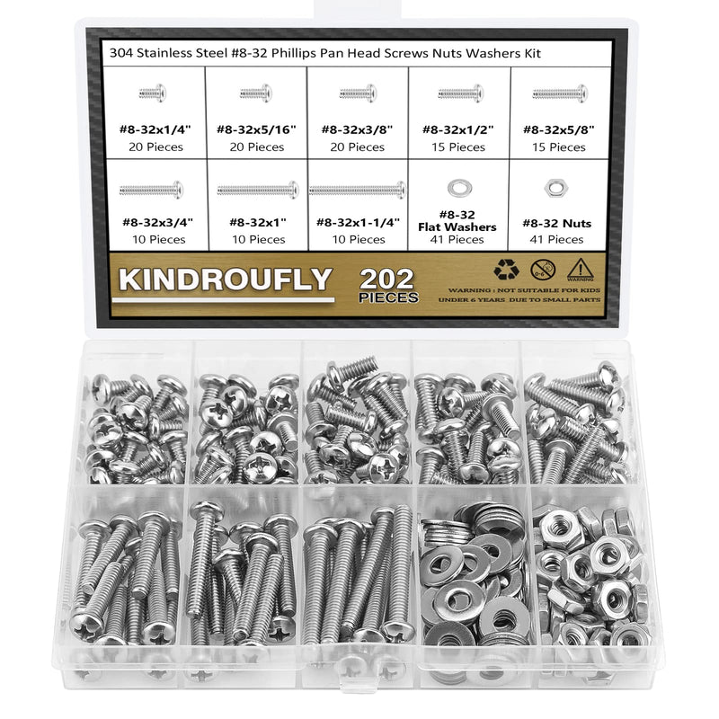[Australia - AusPower] - 202 Pieces #8-32x 1/4", 5/16", 3/8", 1/2", 5/8", 3/4", 1", 1-1/4", Phillips Pan Head Machine Screws Nuts Washers Assortment Kit, 304 Stainless Steel, Fully Machine Thread #8-32 
